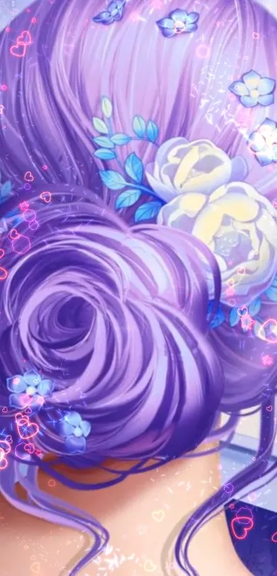 Elegant purple hair with floral accents in digital art wallpaper.