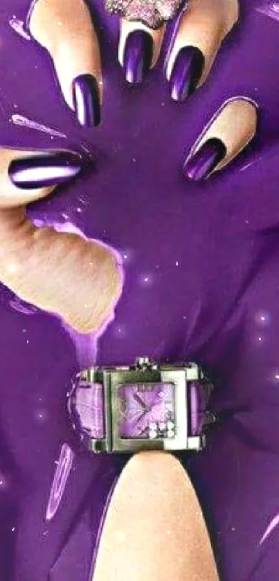 Purple-themed design with elegant hand, nails, and watch.