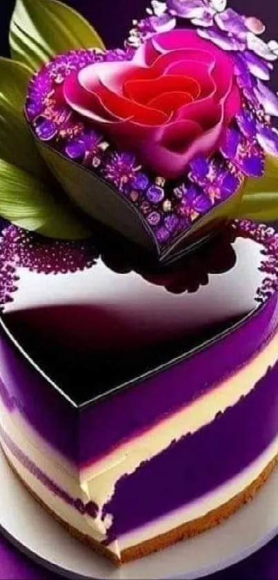 Elegant purple heart-shaped cake with floral design.