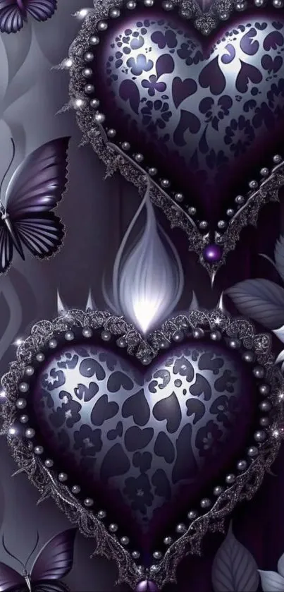 Purple heart design with butterflies and floral patterns on a dark background.