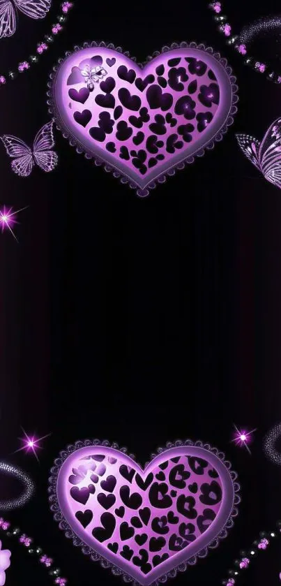 Purple heart and butterfly design on mobile wallpaper.