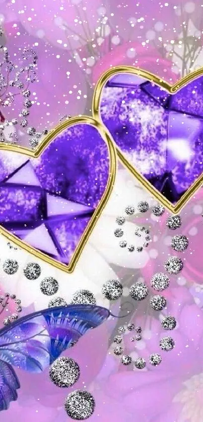 Purple heart wallpaper with jewels and butterflies.