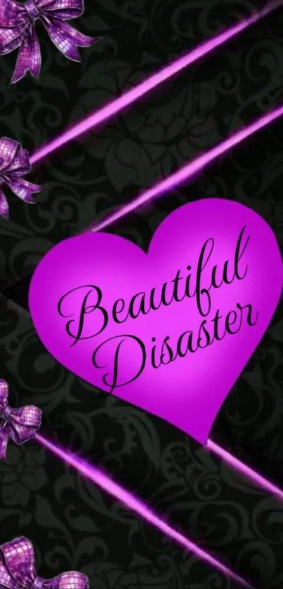 Purple heart wallpaper with ribbon bows and 'Beautiful Disaster' text.