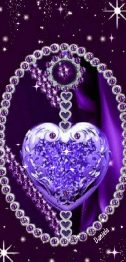 Purple heart with crystals on a vibrant starry background.