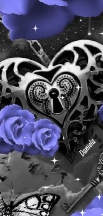 Purple heart lock with roses and butterflies wallpaper