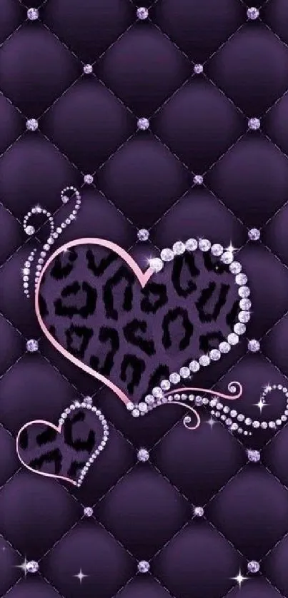 Elegant purple quilted wallpaper with hearts and leopard pattern.