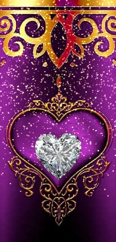 Purple wallpaper with a golden ornate heart and diamond.