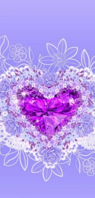 Purple heart and floral mobile wallpaper with gemstone and lace design.