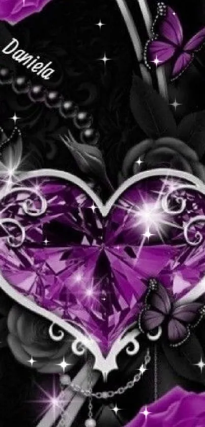 Elegant purple heart wallpaper with roses and butterflies.