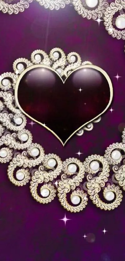 Purple wallpaper with jeweled heart design.