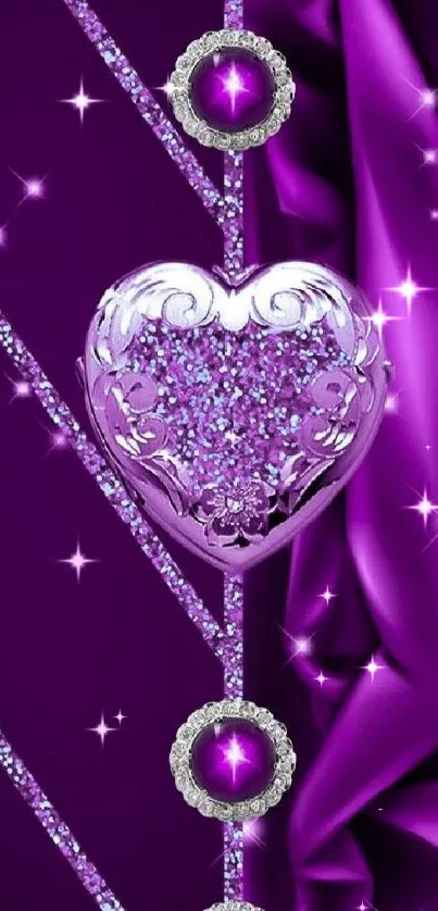 Elegant purple heart mobile wallpaper with glitter and diamonds.