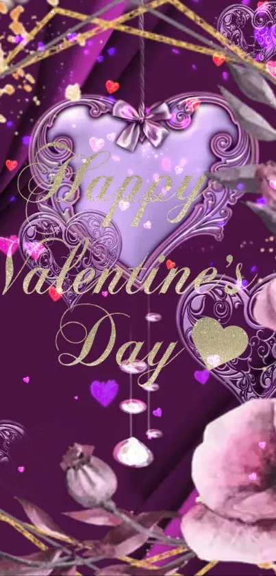 Purple heart wallpaper with elegant silver patterns.