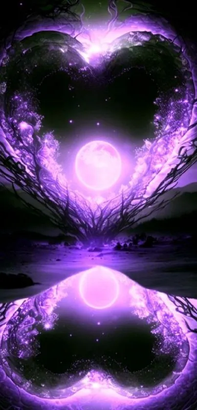 Enchanting purple heart with moon and reflections on wallpaper.