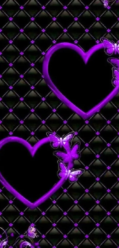 Mobile wallpaper with purple hearts and butterflies on a black quilted background.