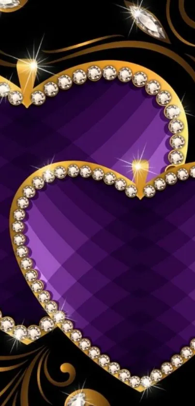 Purple hearts with diamonds on black background wallpaper.