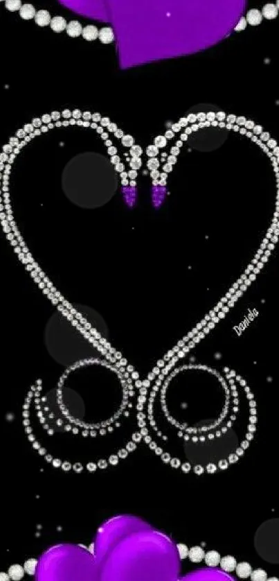 Purple heart design with gems on black background.