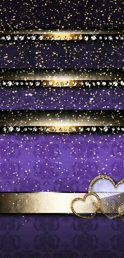 Elegant purple wallpaper with hearts and gold accents for mobile.