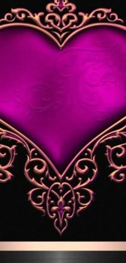 Elegant wallpaper with a purple heart and gold design on dark background.