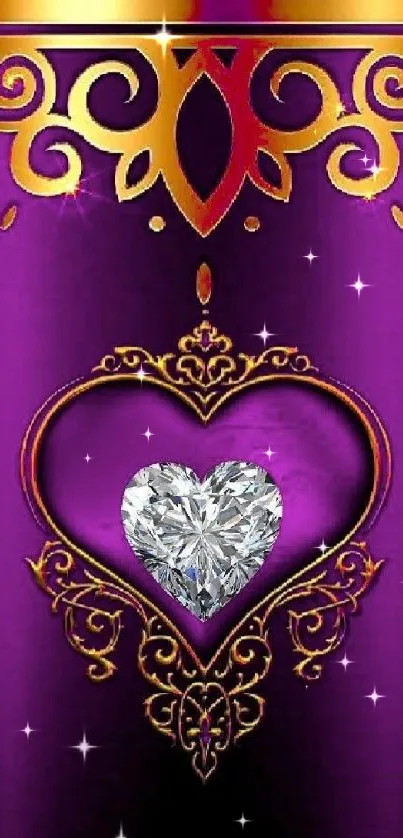 Purple wallpaper with heart-shaped diamond and ornate golden design.