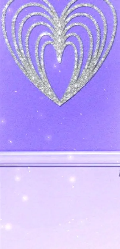 Purple wallpaper with silver heart design on a mobile phone screen.