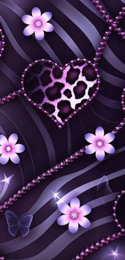 Purple heart wallpaper with floral accents and leopard pattern.