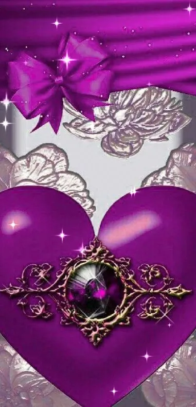 Elegant purple heart with floral design mobile wallpaper.