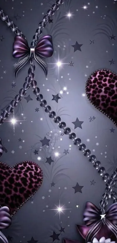 Elegant mobile wallpaper with purple hearts and bows.