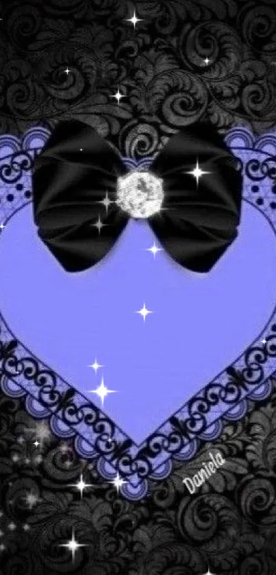 Purple heart with black bow on elegant floral background.