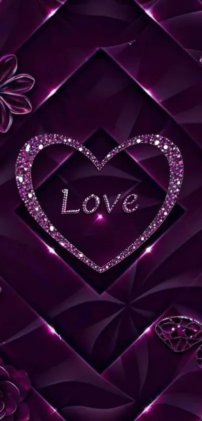 Purple heart wallpaper with floral and butterfly designs.