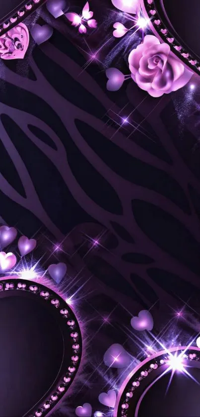 Purple wallpaper with ornate heart designs and floral accents.