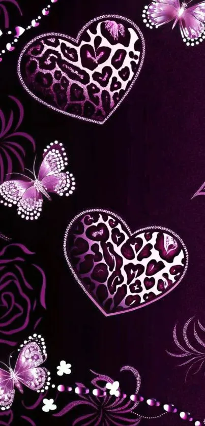 Elegant mobile wallpaper with purple hearts, butterflies, and floral patterns.