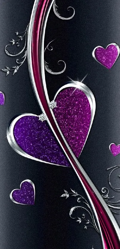 Purple hearts with silver accents wallpaper design.