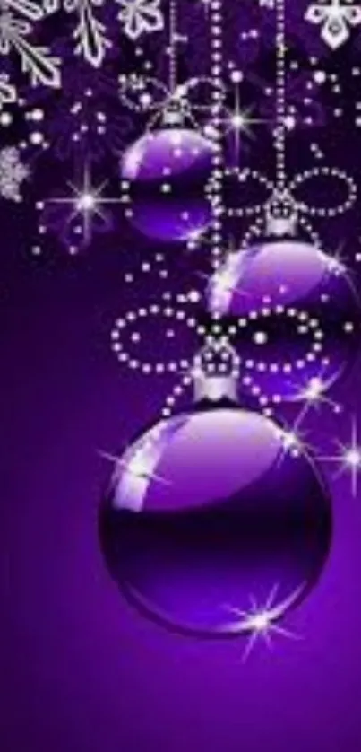 Elegant purple holiday wallpaper with baubles and snowflakes.