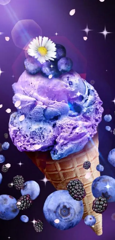 Purple blueberry ice cream cone with flowers.