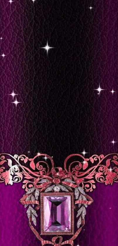 Elegant purple wallpaper with jewel design and intricate patterns.