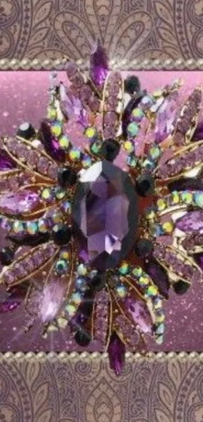 Elegant purple jewel design on ornate wallpaper.