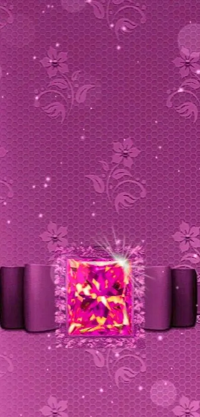 Elegant mobile wallpaper with purple tones, floral patterns, and jewel accent.