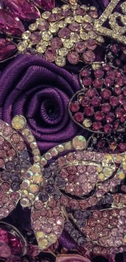 Elegant wallpaper with purple jewels and roses in a luxurious design.