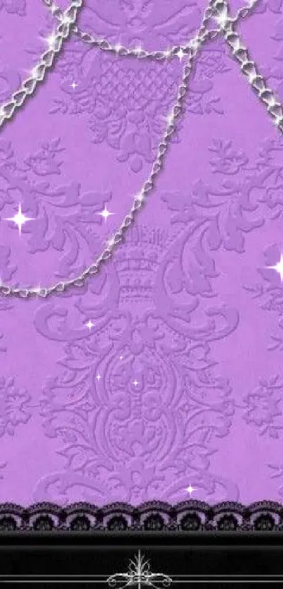 Elegant mobile wallpaper with purple lace and silver chains.