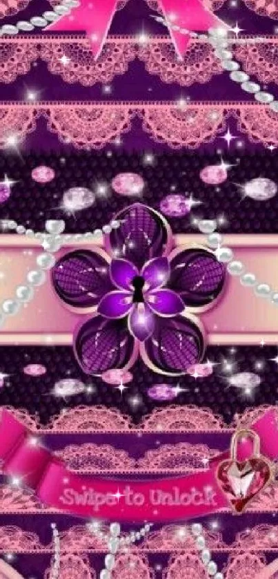 Elegant purple lace wallpaper with pink bow and floral accents.