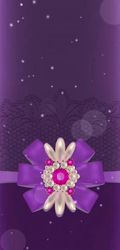 Elegant purple mobile wallpaper with lace and bow design.