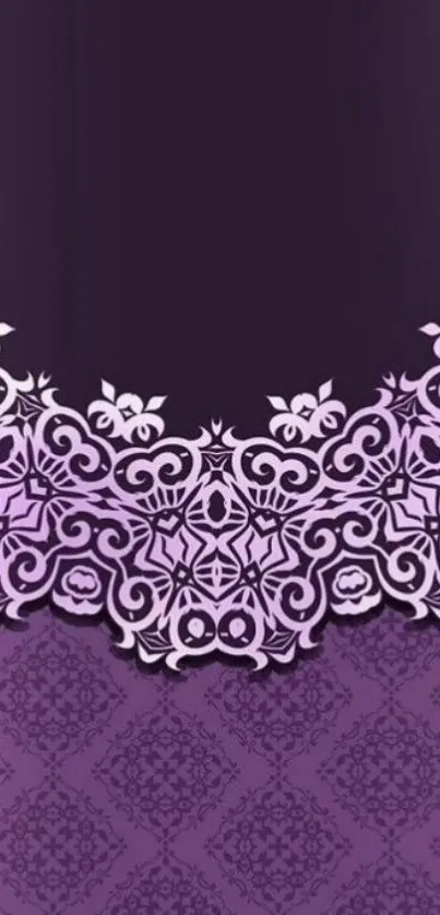 Elegant purple wallpaper with lace and floral design.