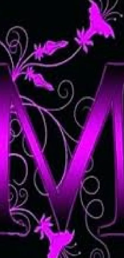 Elegant purple letter M with floral and butterfly design on dark background.