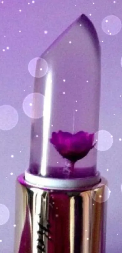 Translucent lipstick with purple flower, set against a lavender background.