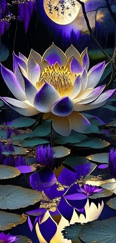 Artistic purple lotus at night with moon and lily pads.