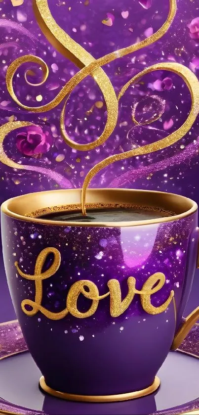 Elegant purple cup with 'Love' written, adorned with golden swirls.