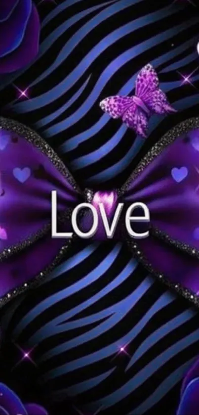 Purple bow and hearts mobile wallpaper with the word 'Love'.