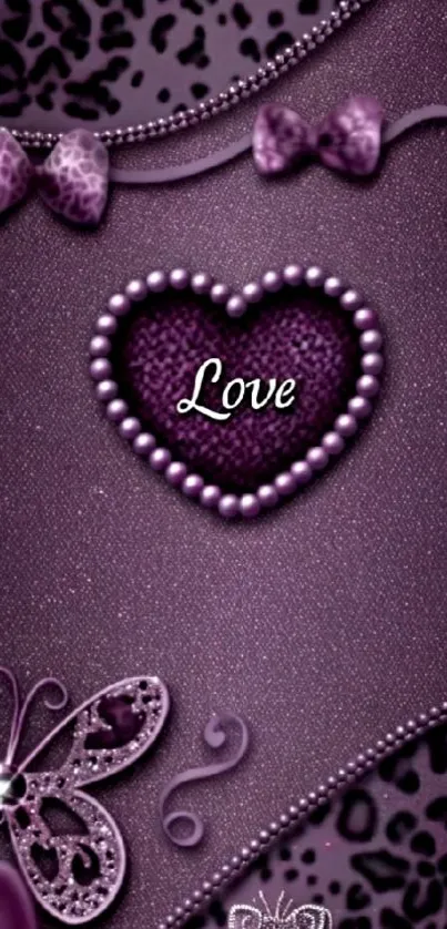 Purple wallpaper with love heart and butterfly design.