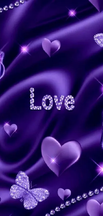 Romantic purple wallpaper with hearts, roses, and butterflies.