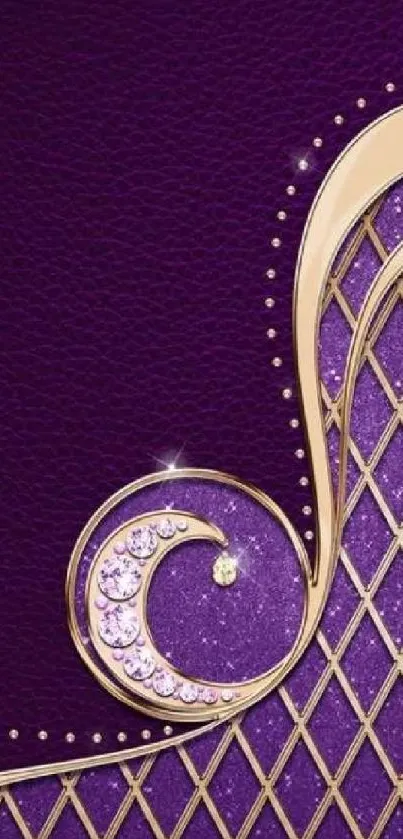 Luxurious purple and gold wallpaper with diamond and swirl design.